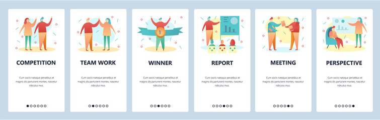 Web site onboarding screens. Office presentation, business meeting and team work. Menu vector banner template for website and mobile app development. Modern design flat illustration.