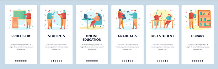 Web site onboarding screens. College education and university students. Menu vector banner template for website and mobile app development. Modern design flat illustration.