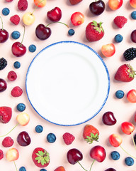 Berry food frame with empty white plate in the middle.