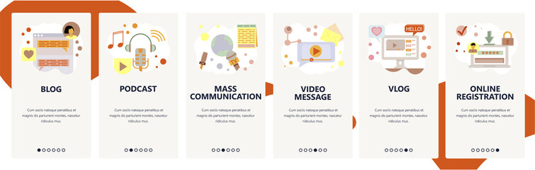 Web site onboarding screens. Digital marketing and online social media, blog, podcast, video stream. Menu vector banner template for website and mobile app development. Modern design flat illustration
