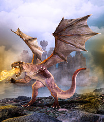 Fototapeta na wymiar Fantasy scene dragon attacking castle