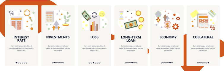 Web site onboarding screens. Finance and banking system icons, bank loan, investments. Menu vector banner template for website and mobile app development. Modern design flat illustration.