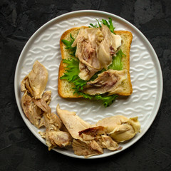 sandwich with chicken and lettuce. food background. copy space