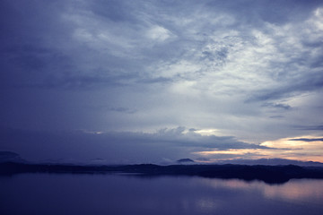 Daybreak scenery over the norwegian sea, beautiful sunrise. Epic dawn sea landscape 
