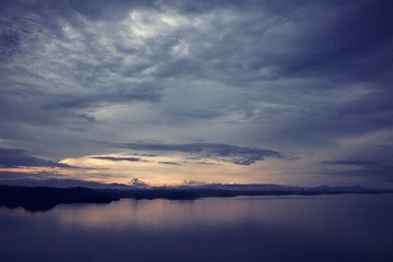 Daybreak scenery over the norwegian sea, beautiful sunrise. Epic dawn sea landscape 