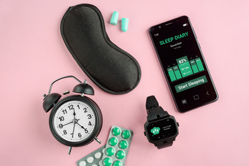 Alarm clock, mask, pills, earplugs