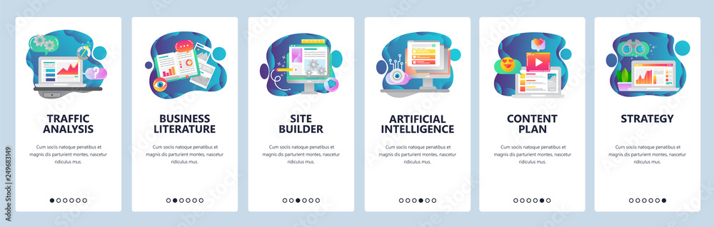 Poster web site onboarding screens. traffic analysis, ai, business development and website coding. menu vec