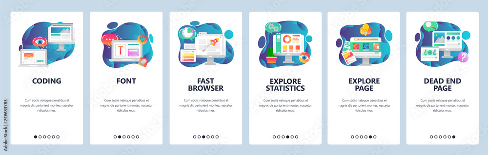 Poster web site onboarding screens. website development, coding, font, 404 error page. menu vector banner t