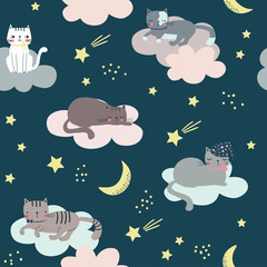Seamless childish pattern with cats, clouds, moon and stars