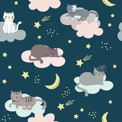 Fototapete Schlafende Tiere Nahtloses kindisches Muster mit Katzen, Wolken, Mond und Sternen