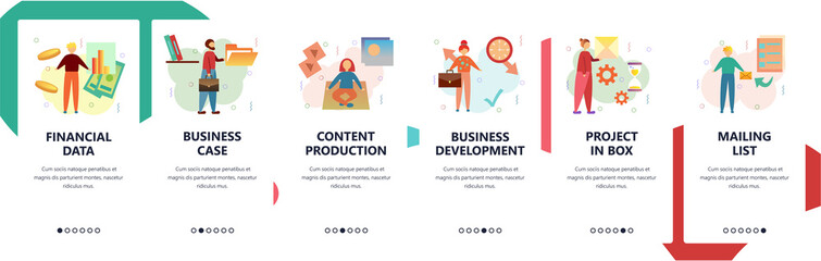 Web site onboarding screens. Financial data and business development. Menu vector banner template for website and mobile app development. Modern design flat illustration.
