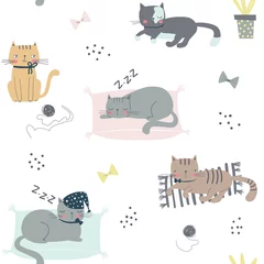 Behang Slapende dieren Naadloos kinderachtig patroon met katten