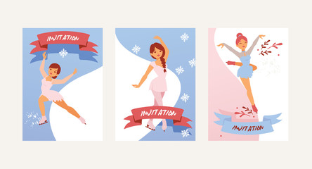 Figure skating vector girl character skates on invitation card to competition and professional girlie skater illustration backdrop set of kids athlete dancing on ice background