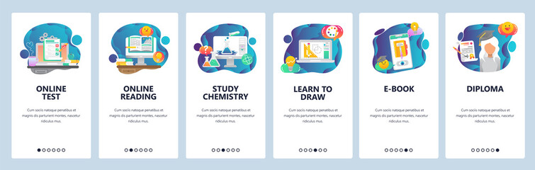 Web site onboarding screens. Online educaion, test, studying and graduation . Menu vector banner template for website and mobile app development. Modern design flat illustration.