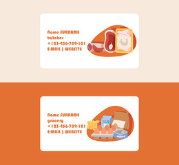 Food vector supermarket business card with meal fish sausages meat illustration backdrop set of business-cards eggs sugar flour and milk cheese dairy products background