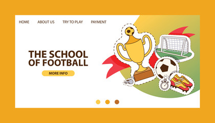 Soccer vector landing page soccerball football pitch and sportswear of footballer or soccerplayer web-page illustration backdrop set of footballing clothes wallpaper web-site trophy cup background