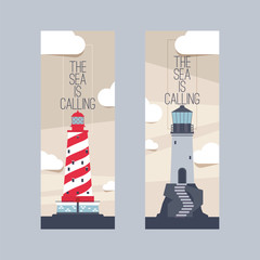 Lighthouse vector beacon lighter beaming path of lighting from seaside coast set of backdrop illustration lighthouses marine background banner