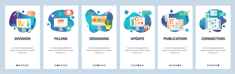 Fototapeta premium Web site onboarding screens. Art, design and drawing tools. Chart, computer chip. Menu vector banner template for website and mobile app development. Modern design flat illustration.