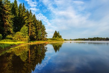 Fototapeta na wymiar Forest lake (pond) in summer morning.