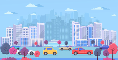 Cityscape with large modern buildings, urban transport, traffic on street, park with color trees and  river. Highway with cars on blue background.