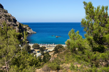 Obraz premium Karpathos island, panoramic view of Ahata beach in summer day. Aegean sea, Dodecanese Islands, Greece