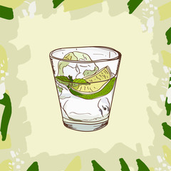 Ilustracja koktajl gin z tonikiem. Alkoholowy klasyczny bar napój wektor ręcznie rysowane. Pop Art - 249686500
