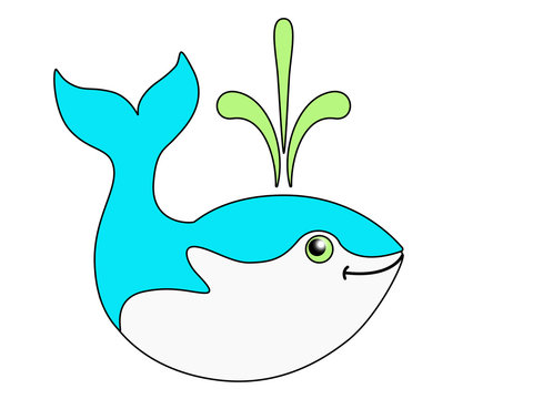 Cute funny whale. Color image of a marine mammal. Picture for children. The whale wags its tail.