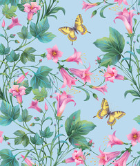Pink flowers and  yellow  butterflies. Seamless background pattern. Version 1