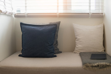 contemporary interior of Living room with part of sofa in sunny day and white curtain interior background concept