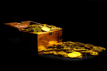 Stacking Gold Coin in treasure chest  on black background