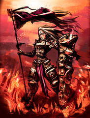 Woman knight in the field at sunset