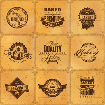 Vector bakery logo template set on vintage pattern