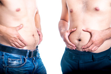 Naklejka premium Human, fat, hands, belly, comparison, white background