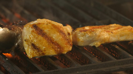 Medallion with beef and two pieces of chicken fillet or turkey on the grill brought to the ready in the background a flame of coals and smoke