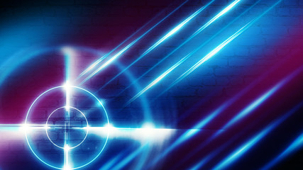 Neon target on a brick wall background with laser lights and rays of light, futuristic abstract background.