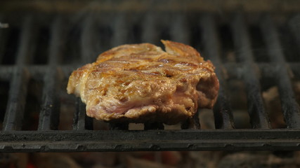 beef, lamb or pork meat on the grill with the tongs, and then sharply picks up the finished piece of meat, macrosolves of a piece of meat, detailed shooting