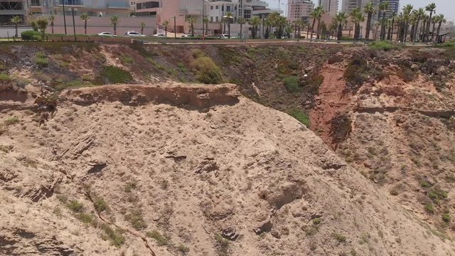 Top, Bird View from the Mediterranean Blue Sea to the metropolis beach and coastal line, Israel, Netanya