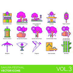 Sakura festival icons including souvenir vendor, cherry blossom garden, temple, paper lantern, electric, do not pick, climb, shake trees, break branches, wagasa, fan, origami, geta sandals, bamboo.