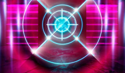 Futuristic abstract background. Empty room background, concrete. Neon blue and pink light smoke. Laser lines, laser target in the center of the room.