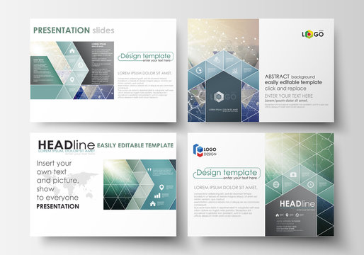 Set of business templates for presentation slides. Abstract layouts in flat design, vector illustration. Chemistry pattern, hexagonal molecule structure. Medicine, science, technology concept.
