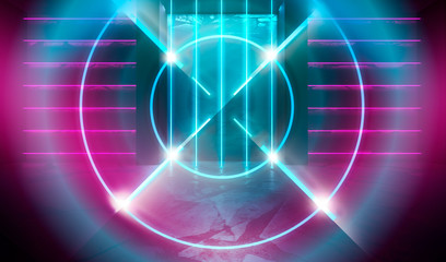 Background of an empty room with neon lights, laser shapes and smoke