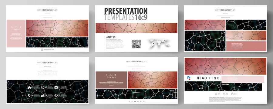 Business templates in HD format for presentation slides. Vector design layouts. Chemistry pattern, molecular texture, polygonal molecule structure, cell. Medicine, science, microbiology concept.
