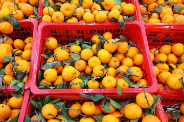 Juicy orange Tangerines (oranges, mandarins, clementines, citrus fruits) with leaves in market baskets