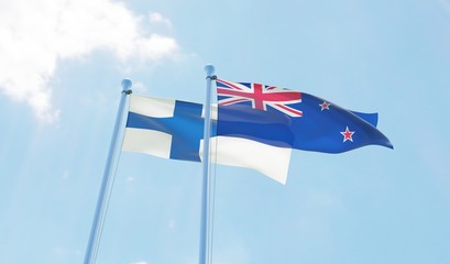 New Zealand and Finland, two flags waving against blue sky. 3d image