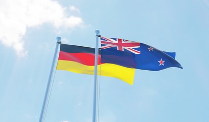 New Zealand and Germany, two flags waving against blue sky. 3d image
