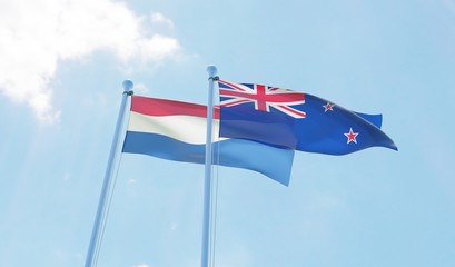 New Zealand and Netherlands, two flags waving against blue sky. 3d image