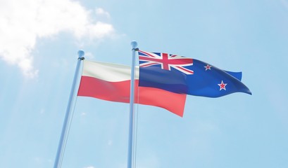 New Zealand and Poland, two flags waving against blue sky. 3d image