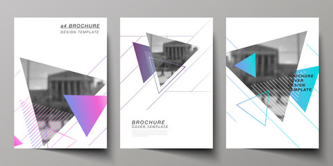 The vector layout of A4 format modern cover mockups design templates for brochure, magazine, flyer, booklet, annual report. Colorful polygonal background with triangles with modern memphis pattern.