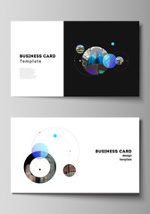 The minimalistic abstract vector layout of two creative business cards design templates. Simple design futuristic concept. Creative background with circles and round shapes that form planets and stars