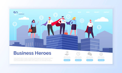 Entrepreneurs in superman coats, business heroes webpage vector. Men and women in superhero outfits on top of skyscrapers landing page or site flat style - obrazy, fototapety, plakaty